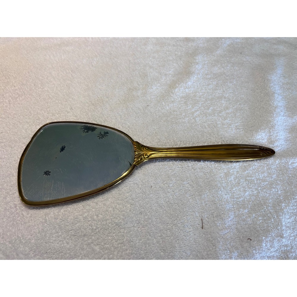 Vintage Art Deco Gold Tone Brass Hand Mirror Striped Vanity Handheld Mirror